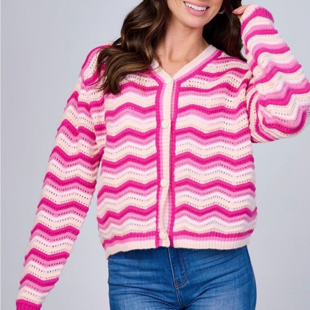 Cardigan 💝 Pink and White Striped Women's Sweater Valentine’s Day Gift 💕